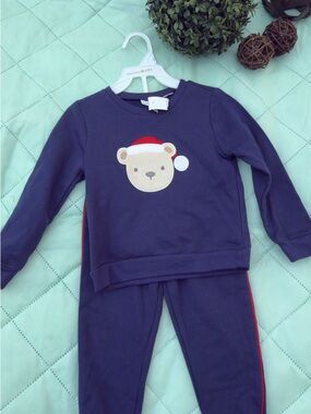 Children's Navy Bear Holiday Pajama Set with Red Trim